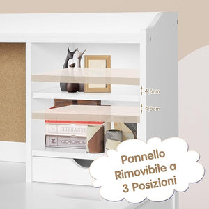 Set Scrivania e Sedia per Bambini 5-12 Anni, Tavolo in Materiale Sicuro con Bacheca in Sughero, 2 Cassetti e Spazio Ampio, Design Moderno, Ideale per Studio e Disegno (Bianco)