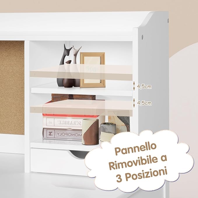 Set Scrivania e Sedia per Bambini 5-12 Anni, Tavolo in Materiale Sicuro con Bacheca in Sughero, 2 Cassetti e Spazio Ampio, Design Moderno, Ideale per Studio e Disegno (Bianco)