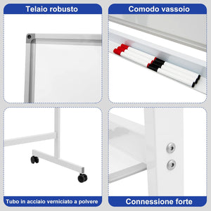 Lavagna Bianca Magnetica Doppia, Design Regolabile in Altezza con Ruote Bloccabili, 6 Pennarelli, 12 Calamite e 1 Cancellino, Ideale per Casa Ufficio e Scuola, 126 x 59 x 145/165 cm, Bianco