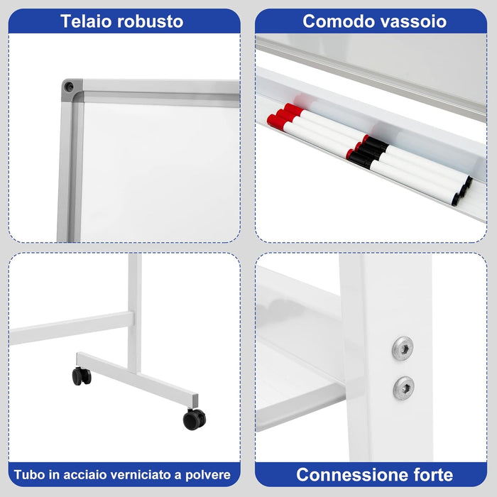 Lavagna Bianca Magnetica Doppia, Design Regolabile in Altezza con Ruote Bloccabili, 6 Pennarelli, 12 Calamite e 1 Cancellino, Ideale per Casa Ufficio e Scuola, 126 x 59 x 145/165 cm, Bianco