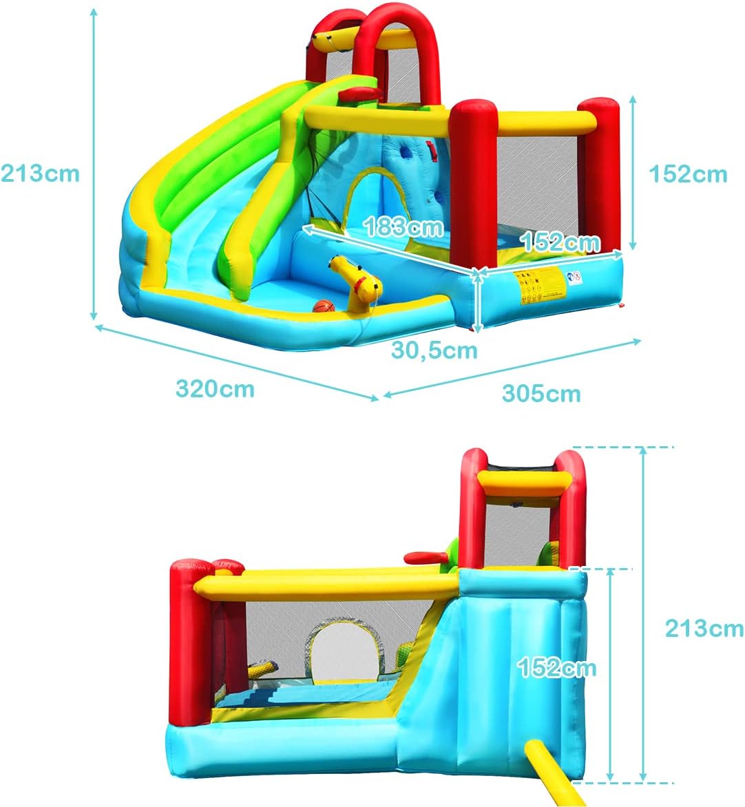 Castello Gonfiabile 6 in 1 per Bambini, Parco Acquatico con Trampolino, Parete di Arrampicata, Piscina, Scivolo, Cannone ad Acqua, Canestro Basket, Pallone e Borsa di Trasporto, 320x305x213cm