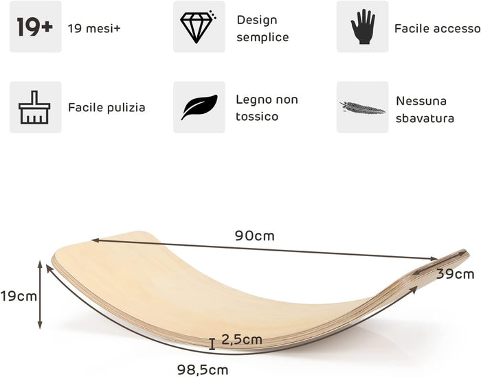 Pedana di Equilibrio Balance Board Curvo in Legno per Bambini, Capacità di Carico 220kg (90 x 40 x 19 cm)