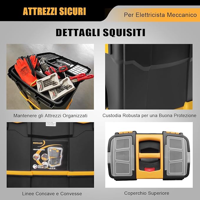 Trolley per Attrezzi 3 in 1, Portautensili a 3 Parti in PP con Ruote e Maniglia, Soluzione Portatile per Attrezzi da Officina e Garage, 46 x 28 x 66,5 cm, Nero e Giallo