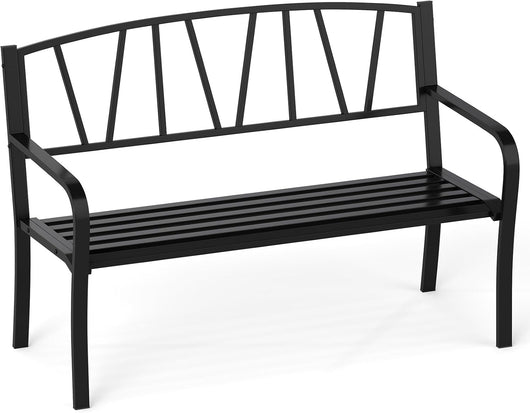 Panco da Esterno 2-3 Posti 128 cm, Panca in Metallo con Seduta a Listelli, Braccioli Curvi e Schienale, Portata 300 kg, Panchina per Parco, Cortile e Giardino (Nero, 128 x 60 x 86 cm)