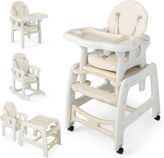 Seggiolone Pappa per Bambini 3 in 1, Seggiolone per Neonati con Vassoio Rimovibile, Cuscino, Schienale Regolabile e Cintura di Sicurezza a 5 Punti, 6-36 Mesi, Capacità 20 kg (Beige)