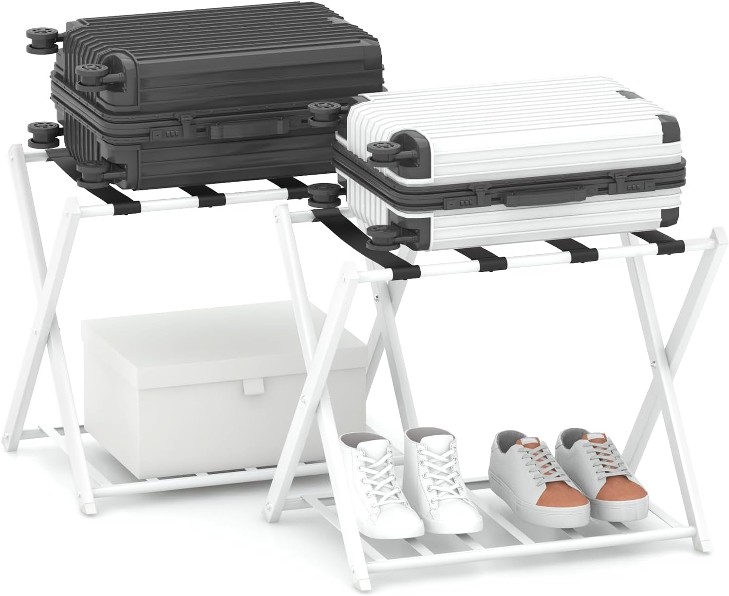 Portavaligie Pieghevole, Porta Valigie Poggia Bagaglio a 2 Ripiani, Cavalletto da Valigie, per Hotel e Viaggio, in Metallo, 68 x 43 x 56 cm (Bianco 2)