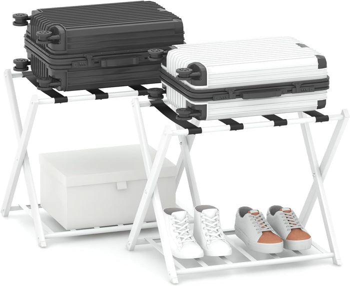 Portavaligie Pieghevole, Porta Valigie Poggia Bagaglio a 2 Ripiani, Cavalletto da Valigie, per Hotel e Viaggio, in Metallo, 68 x 43 x 56 cm (Bianco 2)
