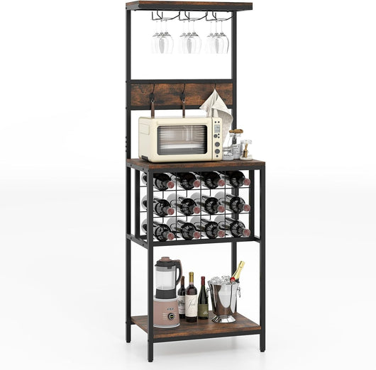 Portabottiglie da Terra per 12 Bottiglie, Portabottiglie da Vino con Supporto per Bicchieri, Ganci e Mensola per Stoccaggio, Struttura Metallica, Capacità di carico 150 kg