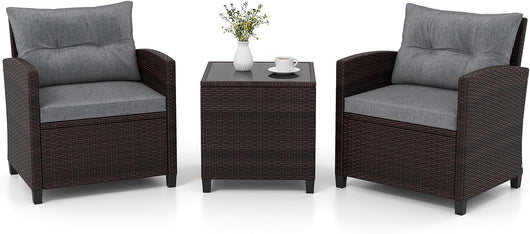 Set di Mobili da Giardino, in Rattan, 3 Pezzi Mobiletti, 1 Tavolino + 2 Poltrone, Salottino da Esterno, con Cuscini per Balcone, Giardino, Cortile, Terrazza, 3 Colori (Grigio)