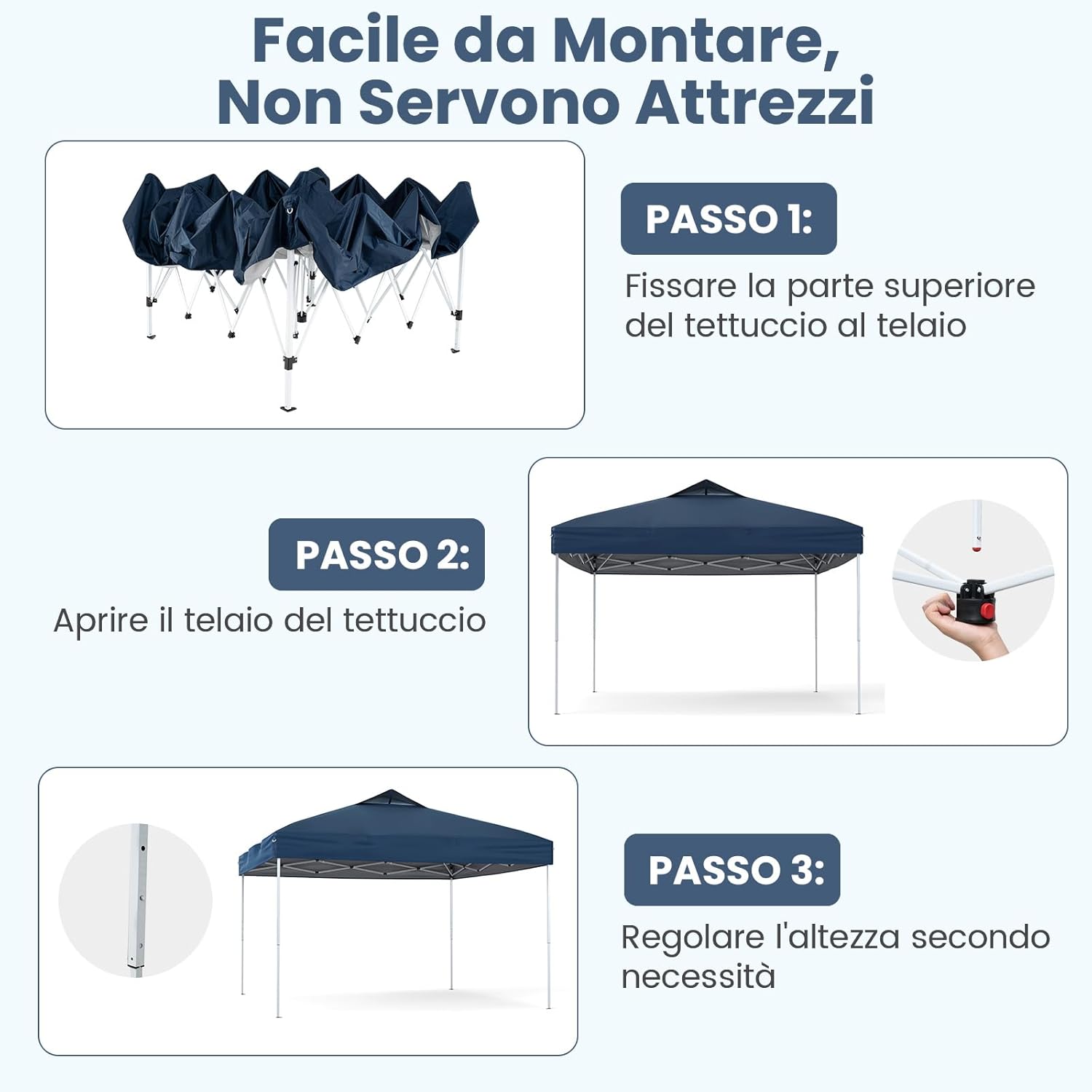 Gazebo Pop-up da 295 x 295 cm, Gazebo da Giardino Impermeabile con Blocco Centrale, Borsa da Trasporto Portatile, Corde Antivento, Picchetti, Tenda Regolabile in Altezza per Feste (Blu Scuro)
