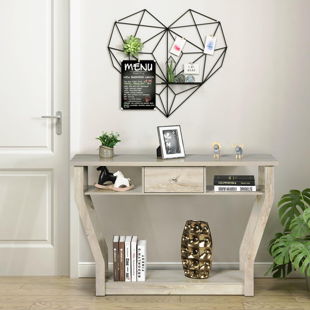 Tavolo Consolle in Legno, Consolle con Cassetto e Ripiani, Tavolo d'Ingresso Multiuso per Salotto, Corridoio e Entrata 120 x 30 x 81 cm (Grigio)