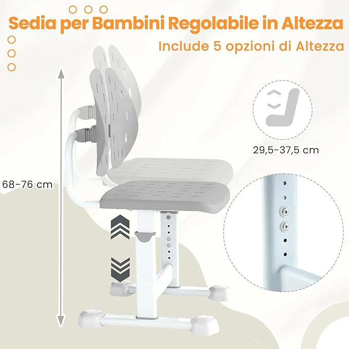 Sedia per Bambini 3+ Anni, Poltrona Ergonomica con Doppi Supporti Dorsali e Seduta Traspirante e Struttura in Metallo Resistente, Sedia Regolabile in Altezza per Camera da Letto (Grigio)