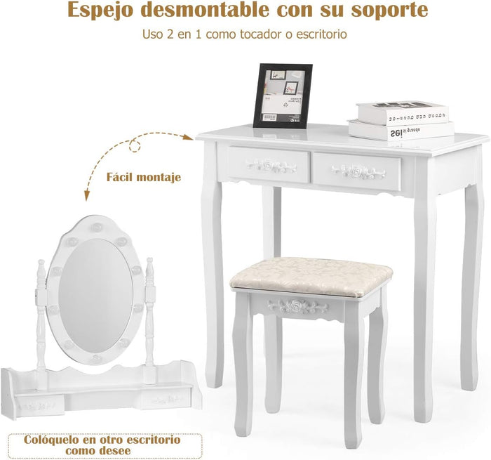 Toeletta Trucco con Specchio Girevole, 10 Luci LED, Luminosità Regolabile, Postazione Trucco con Sgabello e 4 Cassetti, Tavolo da Trucco Scrivania Camera da Letto, 146x75x40cm (Bianco)