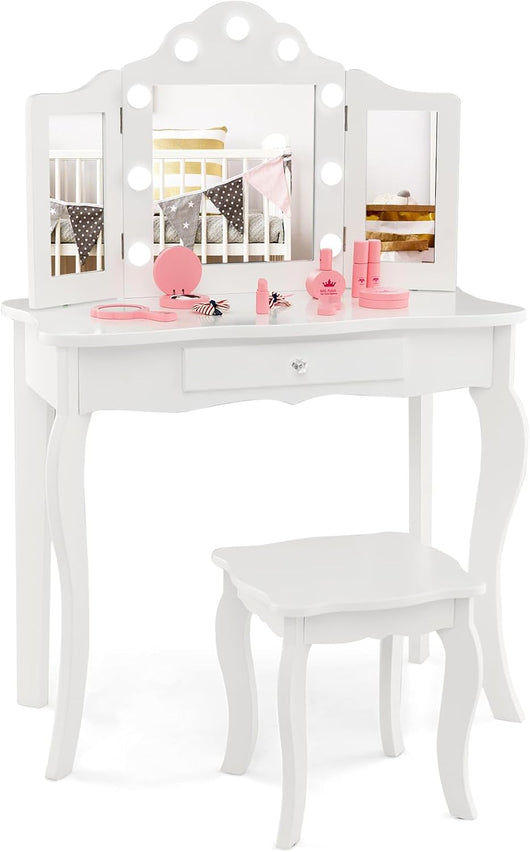 Toeletta Trucco 2 in 1 per Bambina, Specchiera Staccabile per Ragazza in Legno con Sgabello, Cassetto, Ripiani e Giocattoli, Postazione Trucco per 3 Anni, 70 x 34 x 103 cm(Bianco)
