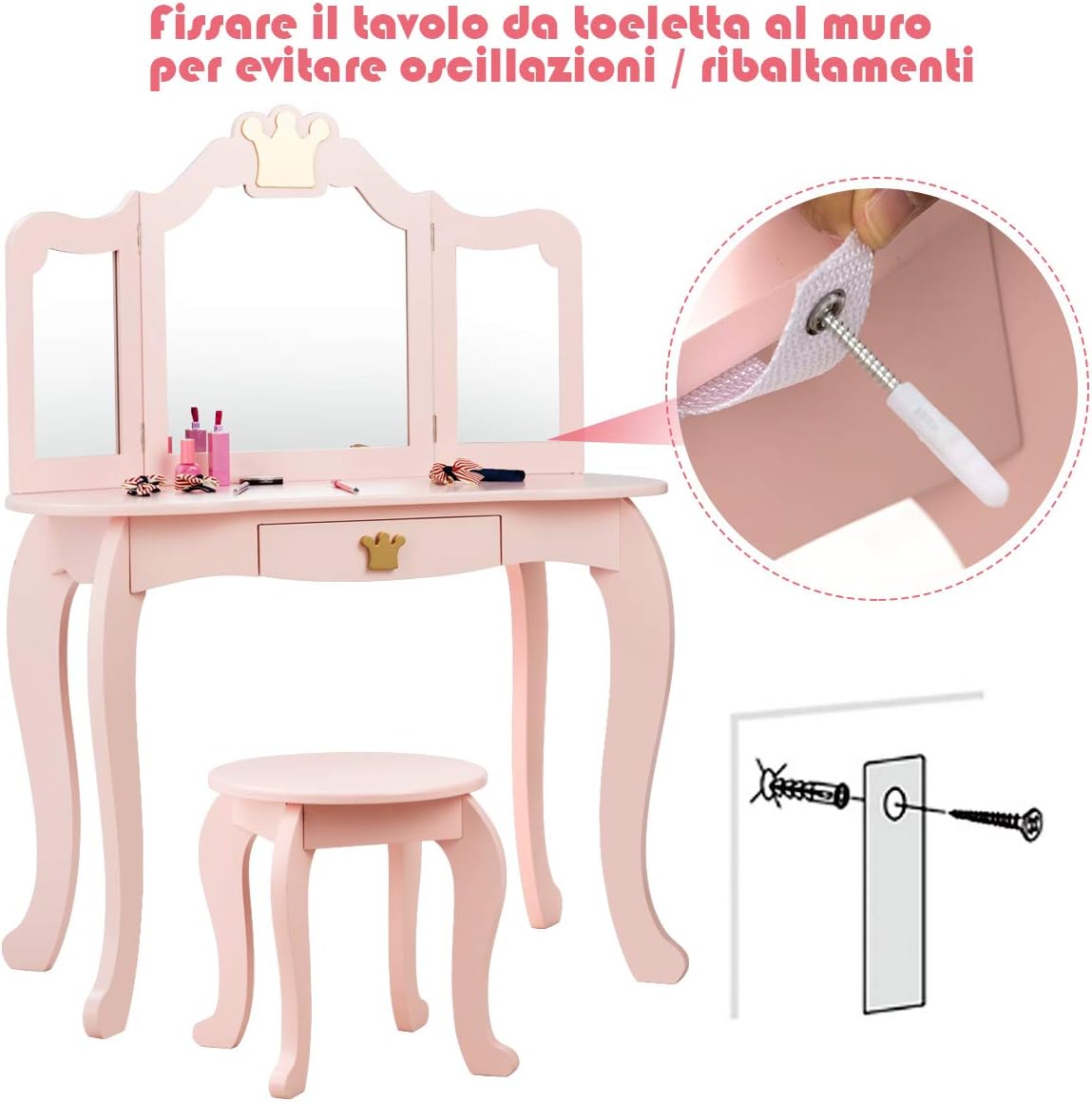 Set Toeletta Trucco e Sedia per Bambine - Smontabile Specchio e Cassetto, Toletta Trucco 2 in 1, 80 x 42 x 105 cm, Rosa
