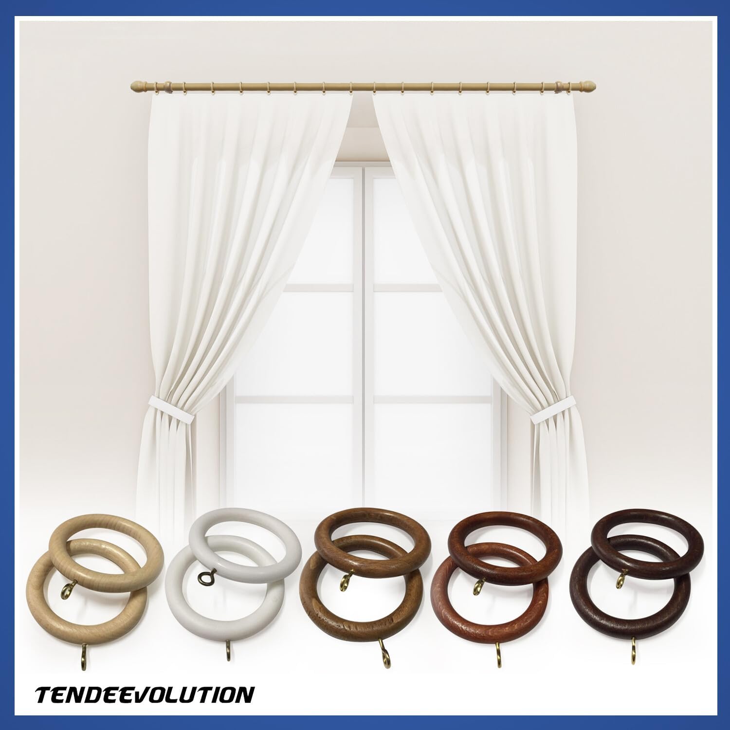 Set di 10 Anelli in Legno Colore Ciliegio per Bastoni di Tenda in Legno, Diametro 35mm - Robusti ed Eleganti