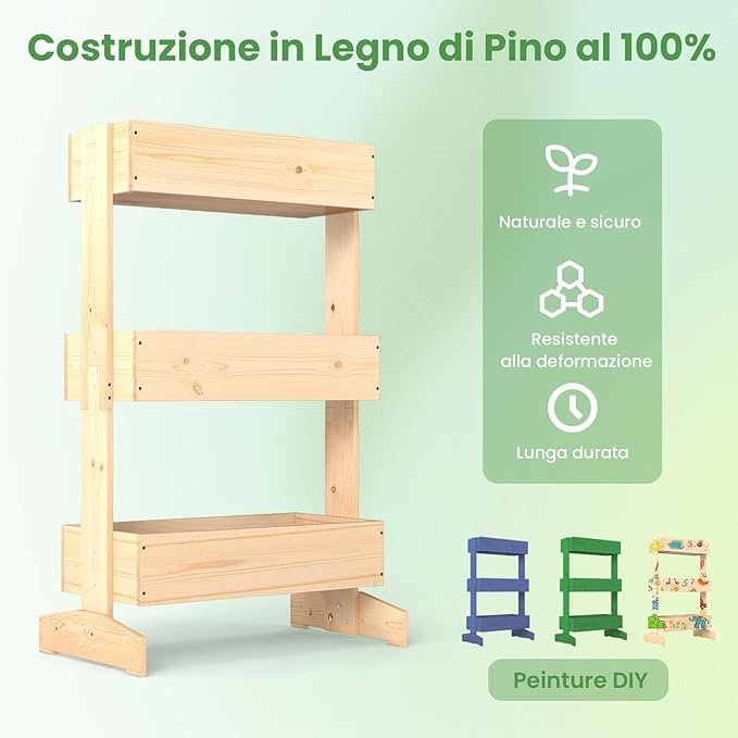 Letto da Giardino Rialzato a 3 Livelli, Fioriere in Legno da Interno e Esterno per Fiori, Verdure ed Erbe, Supporto per Vasi da Fiori Autoportante per Patio, Balcone e Giardino