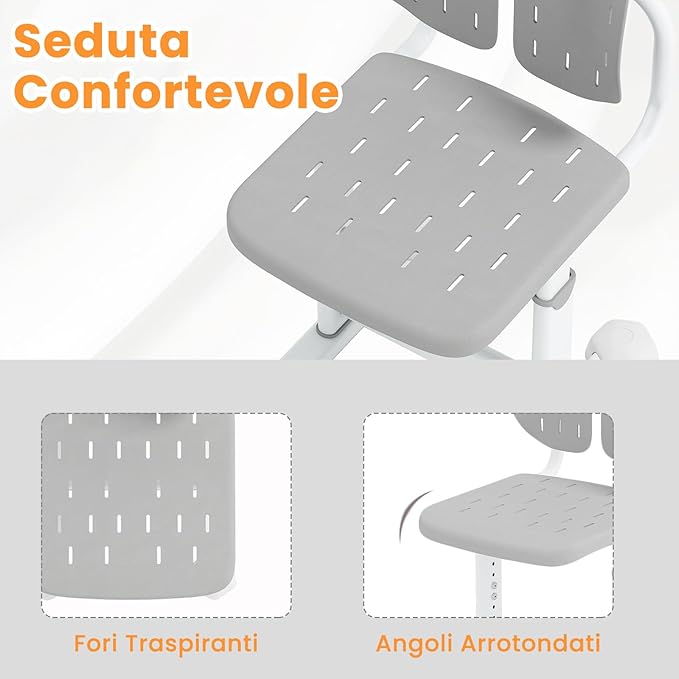 Sedia per Bambini 3+ Anni, Poltrona Ergonomica con Doppi Supporti Dorsali e Seduta Traspirante e Struttura in Metallo Resistente, Sedia Regolabile in Altezza per Camera da Letto (Grigio)