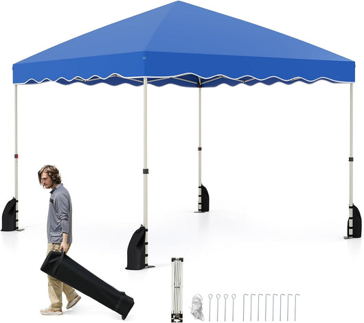 Gazebo Pop-up da Esterno 3 x 3 m, Gazebo Pieghevole con Borsa con Ruote, 8 Picchetti, 4 Ancore, 4 Corde Antivento, 4 Sacchi di Sabbia, Tendone Impermeabile per Eventi Commerciali (Blu)