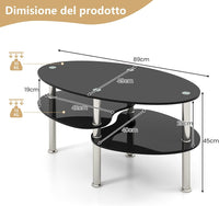 Tavolino da Salotto in Vetro Temperato Moderno, Tavolo Basso e Ovale con Piano Spazioso e 3 Livelli, Ideale per Soggiorno e Ufficio, 89 x 49 x 45 cm (Nero)