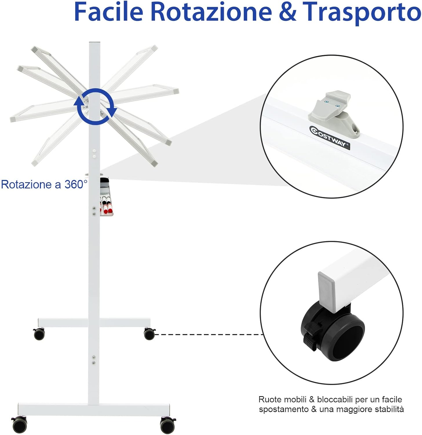 Lavagna Bianca Magnetica Doppia, Design Regolabile in Altezza con Ruote Bloccabili, 6 Pennarelli, 12 Calamite e 1 Cancellino, Ideale per Casa Ufficio e Scuola, 126 x 59 x 145/165 cm, Bianco