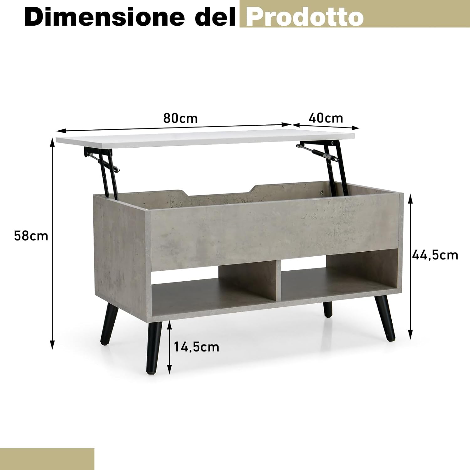 Tavolino Salotto Sollevabile in Legno, Tavolino da Caffè con Scomparto Nascosto e 2 Scaffali Aperti, Tavolino Basso e Modern per Soggiorno, Sala Ricevimenti e Ufficio (Grigio)