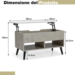 Tavolino Salotto Sollevabile in Legno, Tavolino da Caffè con Scomparto Nascosto e 2 Scaffali Aperti, Tavolino Basso e Modern per Soggiorno, Sala Ricevimenti e Ufficio (Grigio)