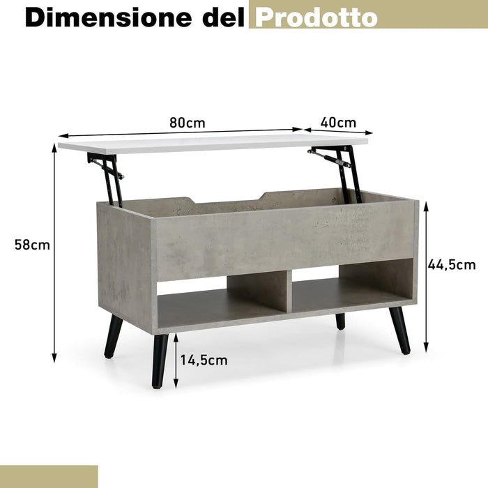 Tavolino Salotto Sollevabile in Legno, Tavolino da Caffè con Scomparto Nascosto e 2 Scaffali Aperti, Tavolino Basso e Modern per Soggiorno, Sala Ricevimenti e Ufficio (Grigio)