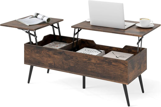 Tavolino da Caffè con Piano Sollevabile, Tavolino Moderno con 2 Scomparti Nascosti e Gambe in Metallo, Tavolo per Soggiorno, Studio e Ufficio, 111 x 48 x 40-53,5 cm (Marrone)