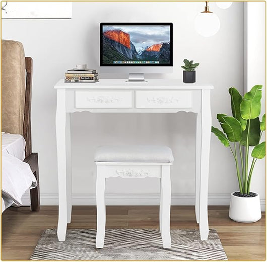 Set Toeletta da Trucco, Illuminata a 10 Lampadine LED, 4 Cassetti per Cosmetici, Specchio Regolabile e Staccabile, Sgabello Imbottito, Moderno ed Elegante, 75x40x145 cm, Bianco