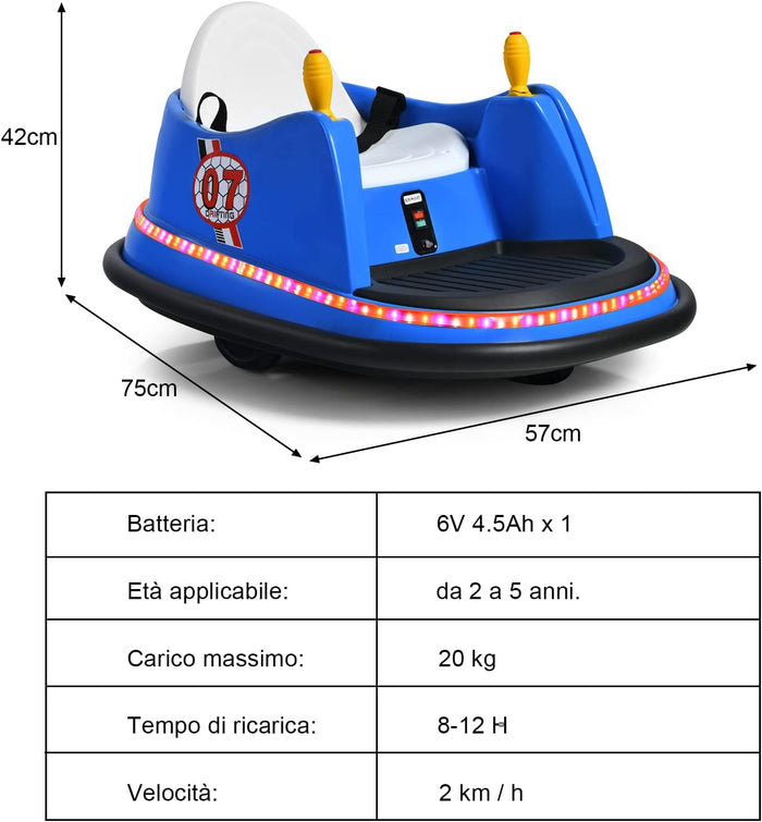 Veicolo Elettrico Macchina Elettrica Design Autoscontro per Bambini, Girevole a 360°, con Luci e Musica, con Telecomando, per Bambini 2-5 Anni (Blu)