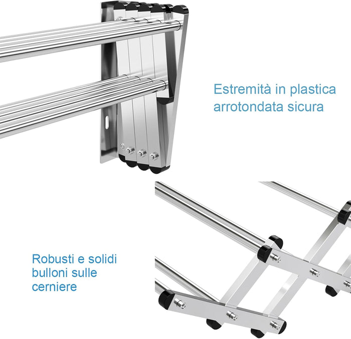 Stendibiancheria da Parete, Stendibiancheria Estensibile in Acciaio Inox con 8 Barre, Stendibiancheria Salvaspazio per Lavanderia Bagno e Balcone, 86x64x22 cm