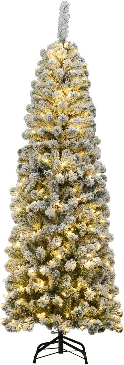 Albero di Natale Slim 135/180/225 cm, Albero di Natale Innevato con 150/250/350 Luci LED, 242/500/641 Rami e Base di Metallo, Decorazione Natalizia per Casa e Negozio (180 CM)