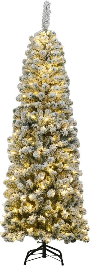 Albero di Natale Slim 135/180/225 cm, Albero di Natale Innevato con 150/250/350 Luci LED, 242/500/641 Rami e Base di Metallo, Decorazione Natalizia per Casa e Negozio (180 CM)