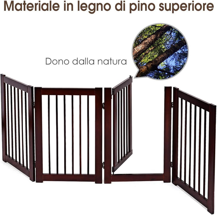 Cancelletto per Cani in Legno Massello, Cancello per Cani da Interno Girevole e Pieghevole, con 4 Ante, Cuscinetti Antiscivolo e Serratura, Ideale per Cani di Piccola/Media Taglia