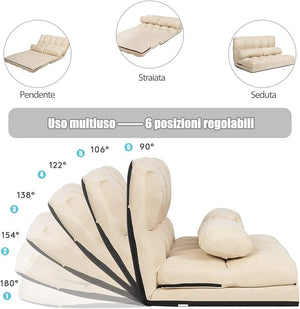 Divano Letto da Terra con 2 Cuscini, Divano Letto Pieghevole con Schienale Regolabile a 6 Livelli, Ideale per Camera da Letto e Soggiorno (Beige)