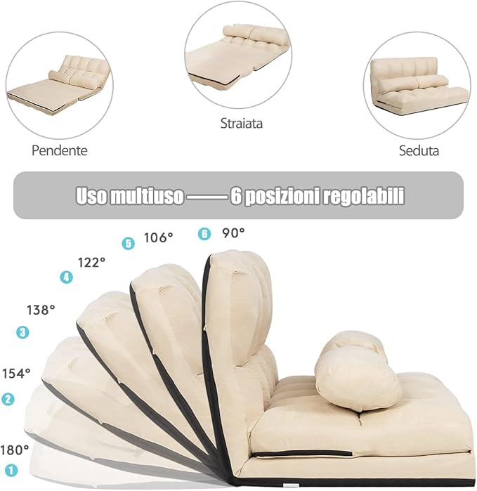 Divano Letto da Terra con 2 Cuscini, Divano Letto Pieghevole con Schienale Regolabile a 6 Livelli, Ideale per Camera da Letto e Soggiorno (Beige)