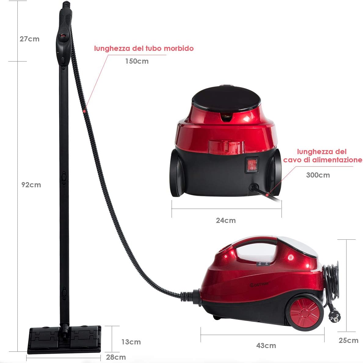 2000W Pulitore a Vapore con 19 Accessori e Serbatoio da 1,5L, Vapore per Tappeti, per Pulizie Profonde Pavimenti Finestre e Macchine (rosso)