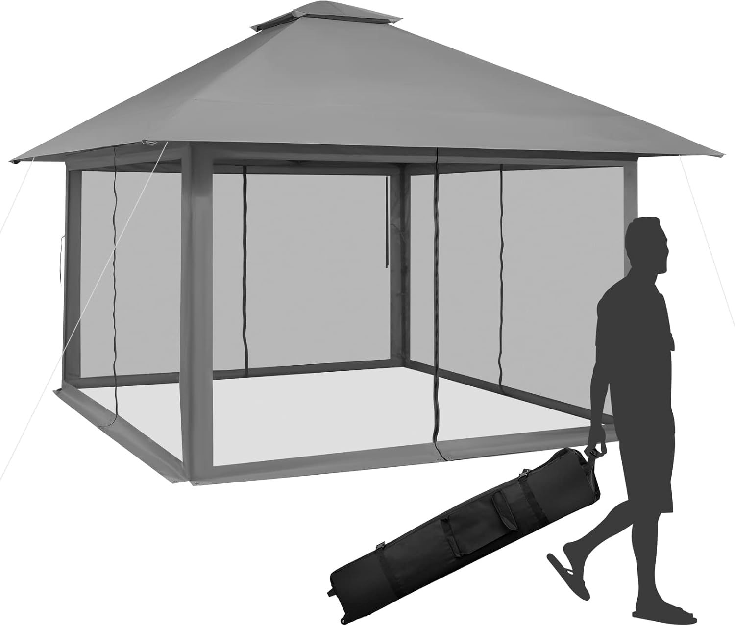 Gazebo Pieghevole da Giardino 4 x 4 m, Altezza Regolabile, Gazebo Pop-up con Zanzariera, Borsa di Trasporto, Doppio Tetto Ventilato e per Giardino Patio e Cortile (Grigio)
