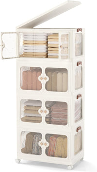 Scatole Immagazzinaggio Impilabili e Pieghevole con Ruote, Armadietto a 4 Ripiani con Ante e Coperchio, Contenitore Trasparente per Camera da Letto e Soggiorno, Bianco (59,5 x 35,5 x 130,5 cm)
