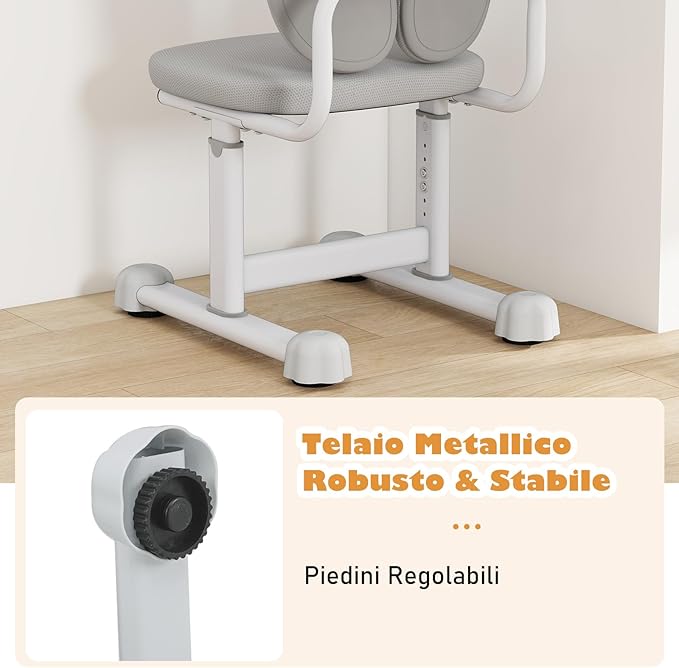 Sedia da Scrivania per Bambini 3+ Anni, Sedia Imbottita per Studiare con Doppio Supporto Lombare e Altezza Regolabile, Chair da Compiti per Casa e Scuola, Portata 100 kg (Grigio)