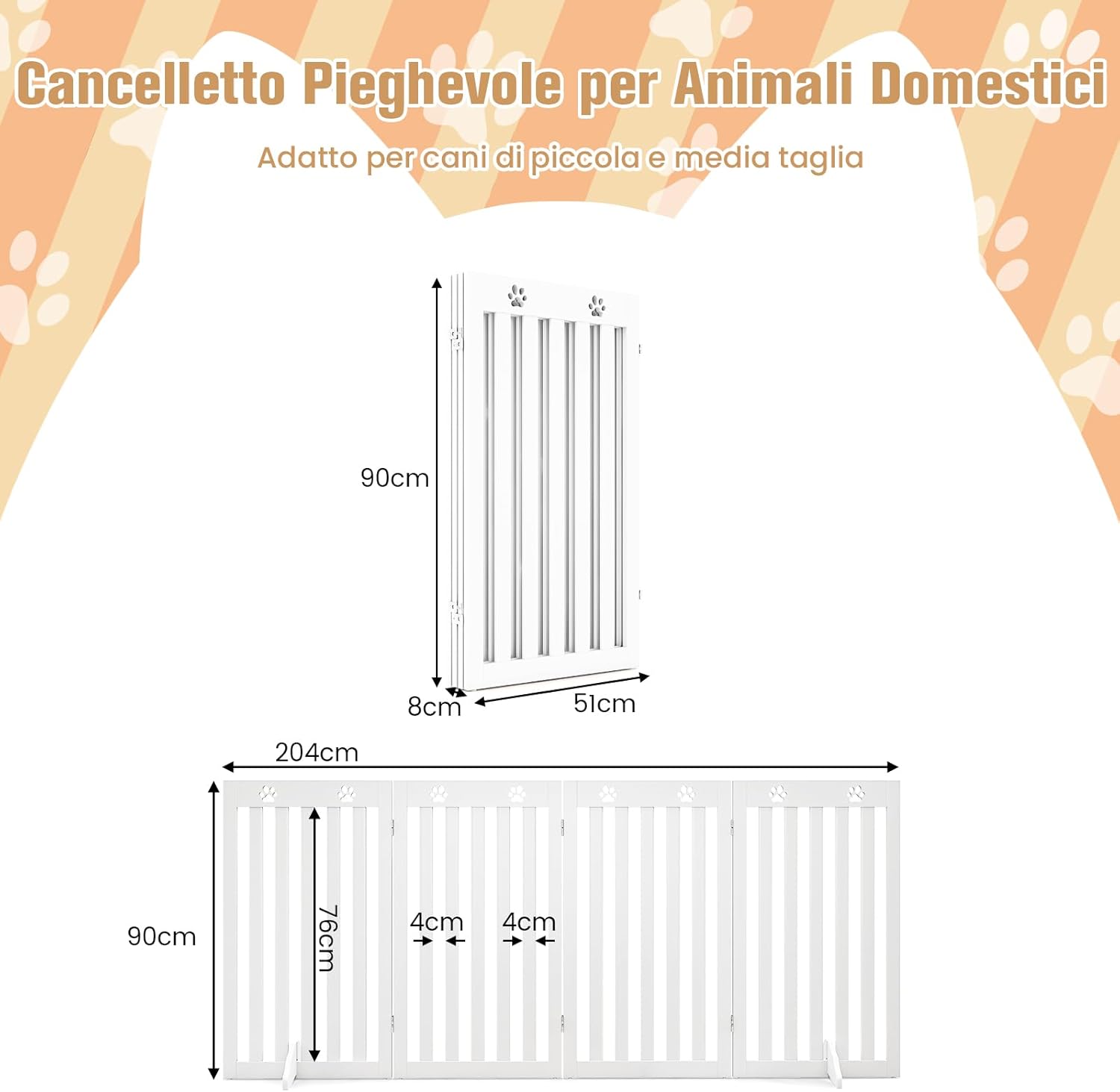 Cancelletto per Cani di Legno Pieghevole, con 3/4 Ante e Cuscinetti Antiscivolo, Ideale per Scale e Porta d'Ingresso, 203 x 89,5 cm (Bianco, 4 Pannelli)