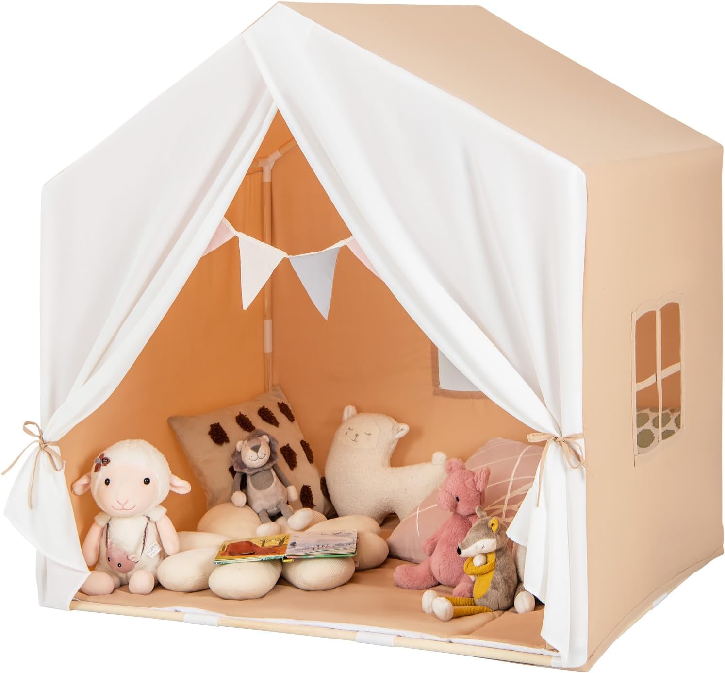 Tenda da Gioco per Bambini, Tenda per Bambini con Finestre Tappetino Lavabile in Cotone e Bandiera, Castello da Gioco per Bambini 3 Anni + (Marrone chiaro)