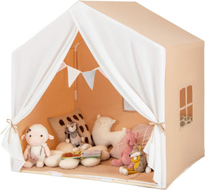 Tenda da Gioco per Bambini, Tenda per Bambini con Finestre Tappetino Lavabile in Cotone e Bandiera, Castello da Gioco per Bambini 3 Anni + (Marrone chiaro)