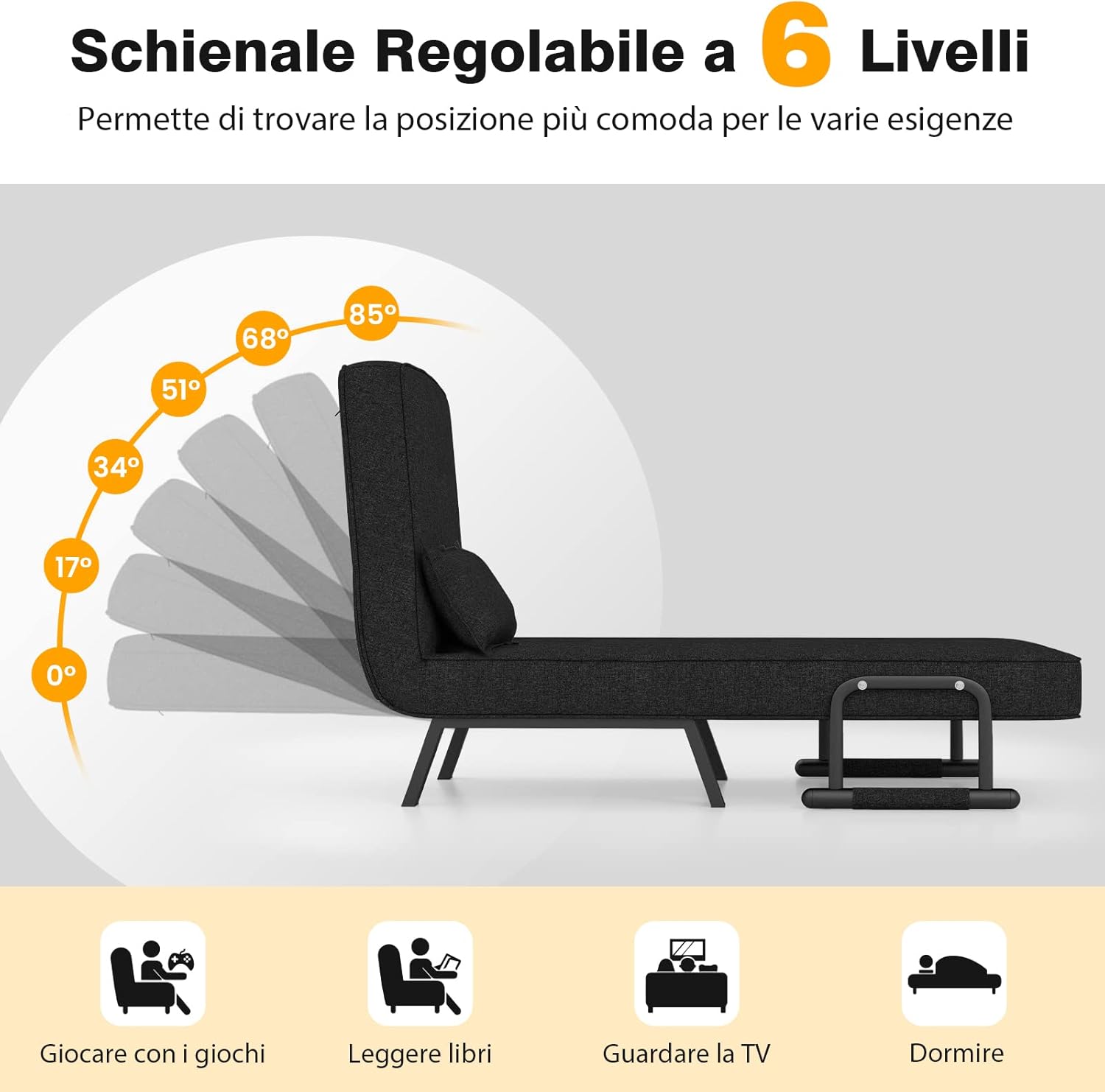 Poltrona Letto Singolo, Poltroncina Pieghevole con Schienale Regolabile in 6 Posizioni, Cuscino Rimovibile e Sedile Imbottito Robusto, Divano Letto per Casa Ufficio, 79x65x79 cm (Nero)