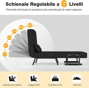Poltrona Letto Singolo, Poltroncina Pieghevole con Schienale Regolabile in 6 Posizioni, Cuscino Rimovibile e Sedile Imbottito Robusto, Divano Letto per Casa Ufficio, 79x65x79 cm (Nero)