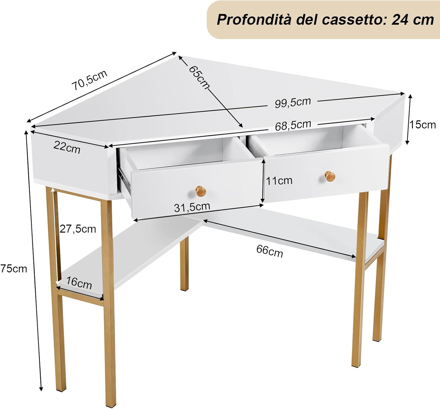 Scrivania Angolare per Computer in Legno, Scrivania Porta PC con 2 Cassetti e Ripiani, Scrivania Salvaspazio e Moderna per Casa e Ufficio, 70,5 x 70,5 x 75 cm (Bianco)