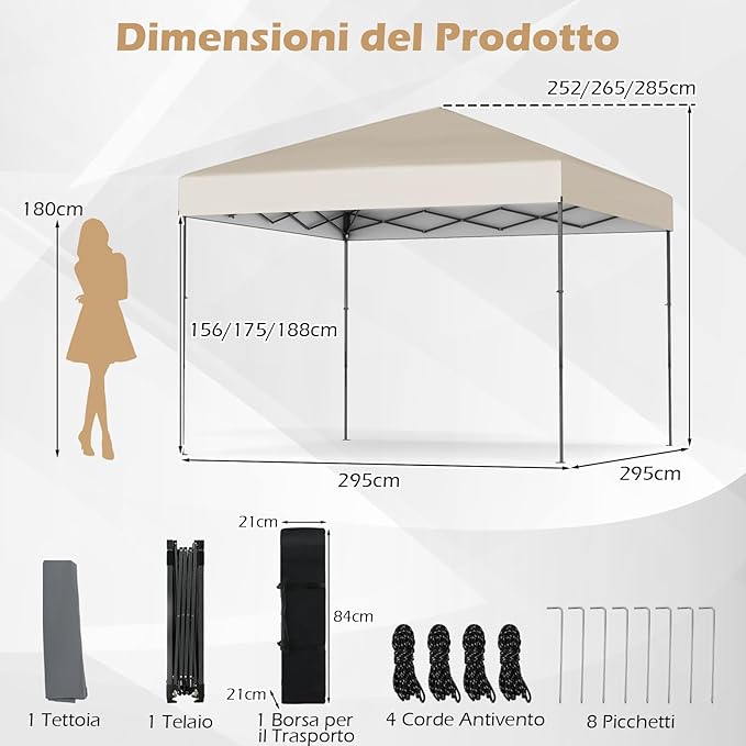 Gazebo Pop-up da Esterno 295 x 295 cm, Gazebo Pieghevole con Borsa da Trasporto, 8 Picchetti, 4 Corde Antivento, 3 Altezze Regolabili, Ideale per Feste, Barbecue, Giardino, Spiaggia (Beige)