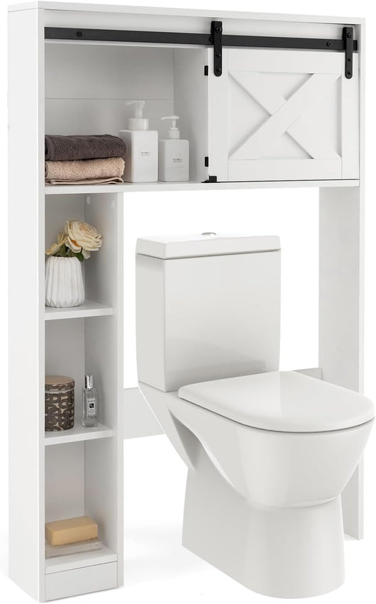 Mobile Salva Spazio Sopra WC, Organizzatore del Bagno in Legno con Porta e 3 Ripiani di Stoccaggio, per Bagno Lavanderia, 84x17x128 cm (Bianco)