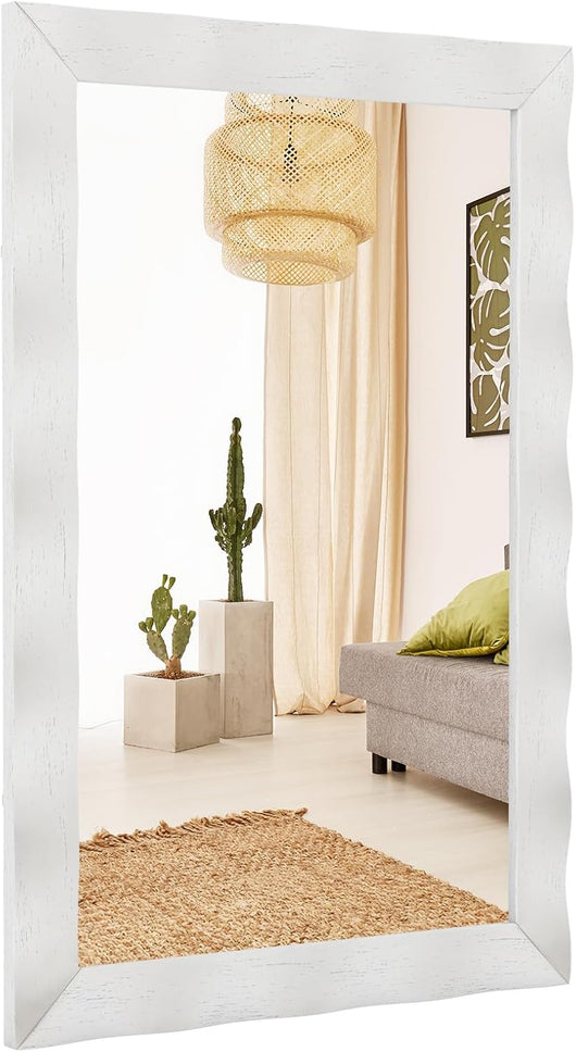 Specchio da Parete 106 x 71,5 cm, Specchio Rettangolare con Cornice in Legno di Gomma, Montaggio Verticale e Orizzontale, per Bagno Soggiorno Ingresso (Bianco)